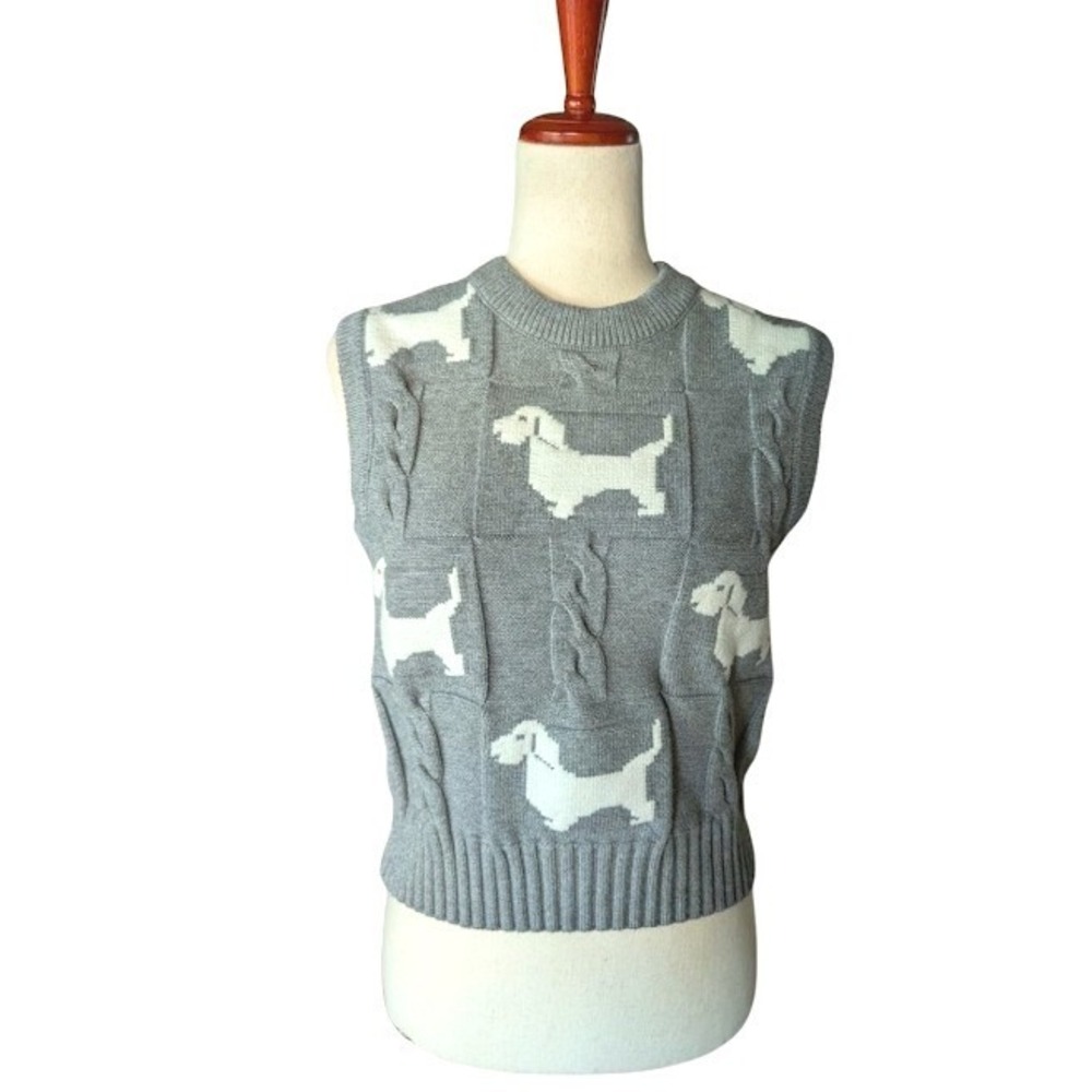 Grey Cable Knit Dachshund‎ Dog Sweater Vest Wool Blend Sleeveless Top Womens